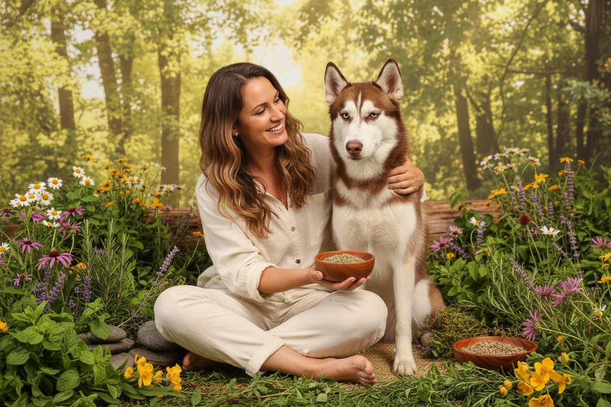 Woman and Husky in natural holistic scene